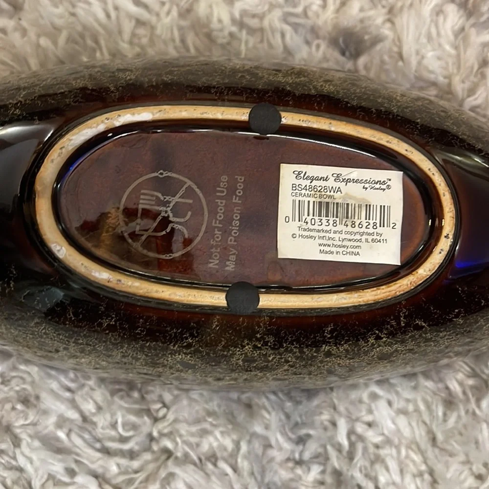 14” Ceramic Boat Bowl Oval Decorative Peacock‎ Feather Brown Red Maroon Tan